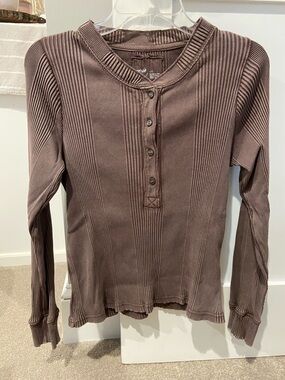 aerie Brown Ribbed Long-Sleeve Henley Top